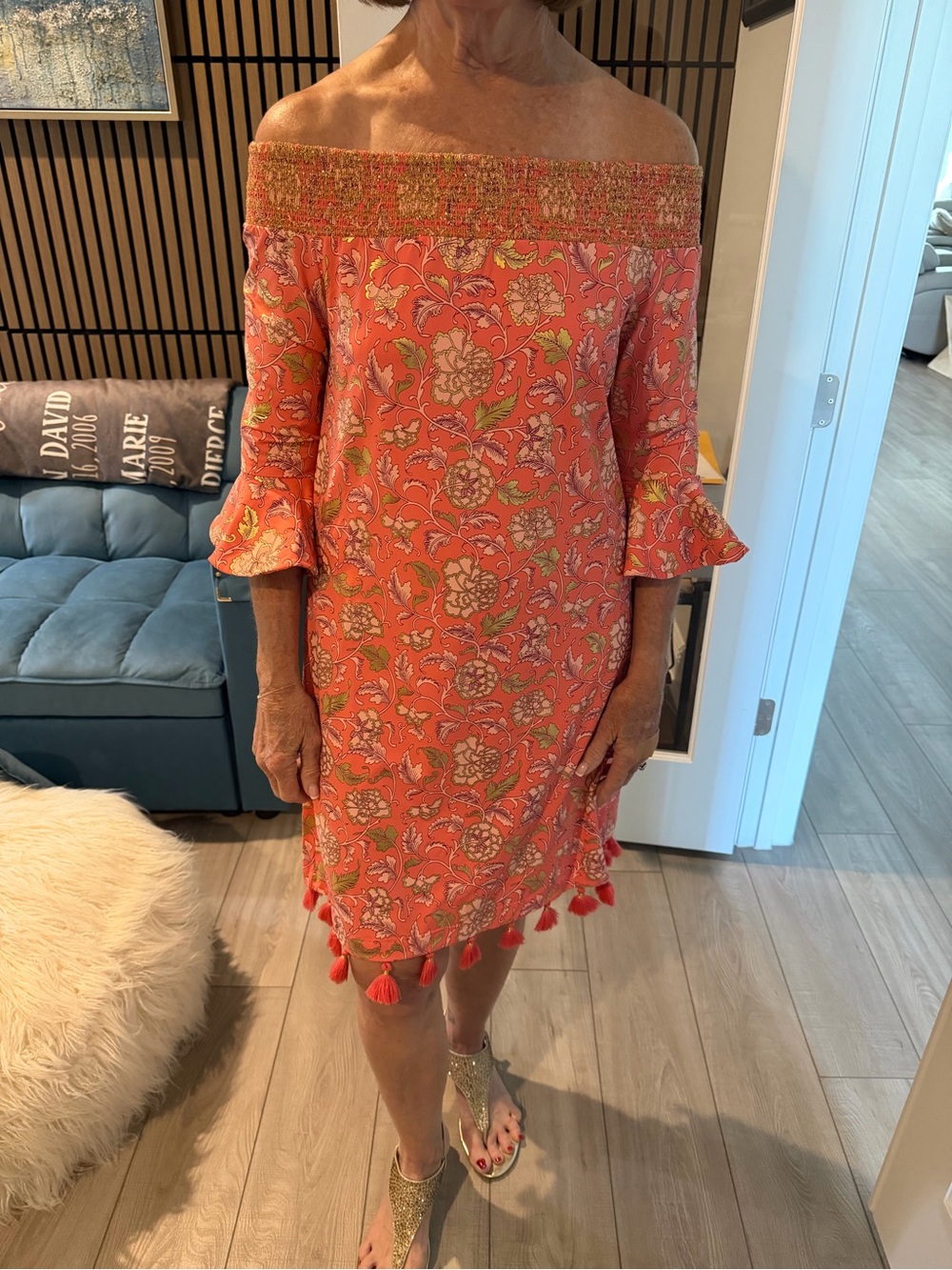Cabana Life Coral Floral Off-Shoulder Dress with Tassel Hem